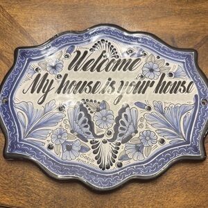 Talavera tile wall handicraft souvenir from Mexico Blue and White clay ceramic